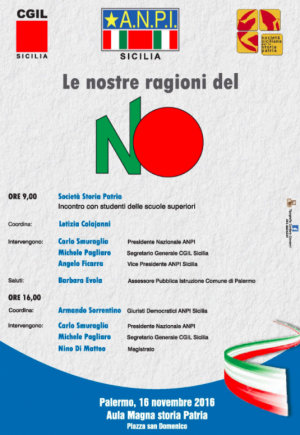 Referendum Costutuzionale | Palermo, 16 novembre. Renzi e Smuraglia: “Una giornata particolare”