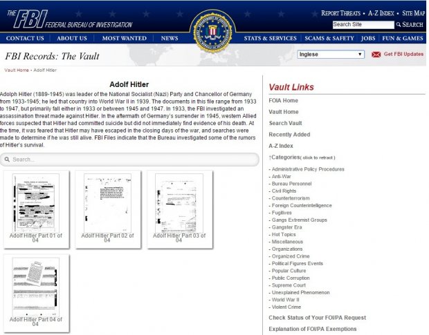 La pagina web dell'FBI dedicata a Hitler
