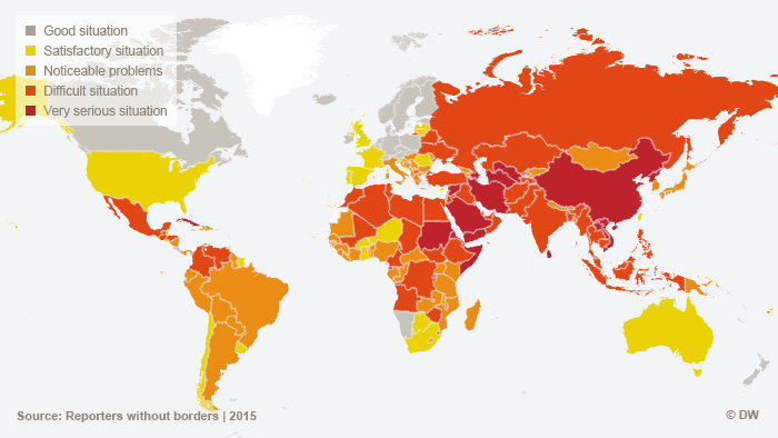 A colour-coded world map depicting the results of the RSF World Press Freedom Index 2015.