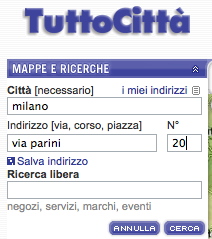 Esempio di form per la ricerca di indirizzi del sito tuttocitta.it