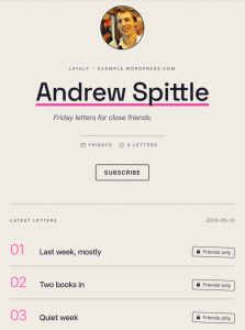 The Lately zine theme, with pink highlights and an editorial vibe.