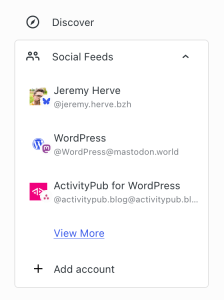 The new "Social Feeds" section of the WordPress.com Reader, displaying 3 types of Social connections: Bluesky, Mastodon, and the Fediverse