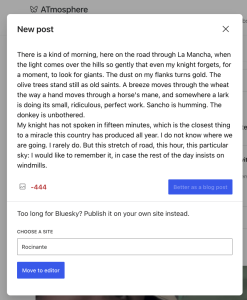 Screenshot of the composer in the WordPress.com Reader. When a social post gets too long, you can always keep writing, on your blog.