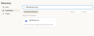 Screenshot showing how to enable the WordPress.com Claude Code connector.
