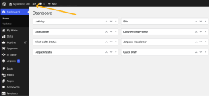 An orange arrow pointing to the command palette button in the WordPress admin nav