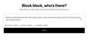 Screenshot of the Telex AI-powered WordPress block generator.