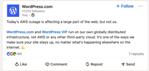 Screenshot of a message from the WordPress.com account covering an AWS outage.
