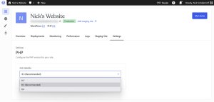 Screenshot of the WordPress PHP version selector.