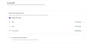 The AI and MCP settings page on WordPress.com with sections for read, write, and disabled sites