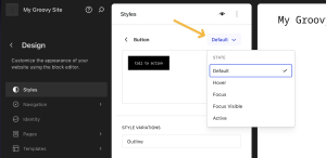 An orange arrow pointing out the button state styles options in the WordPress editor