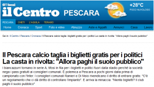 Pescara in seria A: niente pass gratuiti per i consiglieri comunali