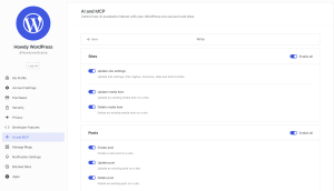 The WordPress.com MCP site settings page