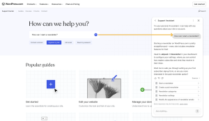 An orange arrow pointing from a text box to an assistant chat on WordPress.com Support Center