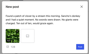 Screenshot of the Social feature in the WordPress.com Reader: write a post for your Bluesky, Mastodon, or Fediverse followers, and attach an image to it.