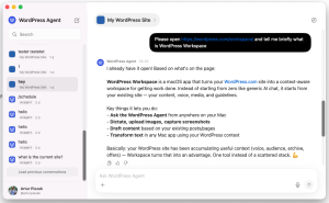 a chat on the WordPress Wordspace Mac app talking to the WordPress Agent about what it can do