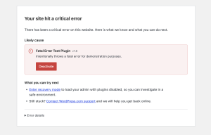 The critical error one-click disable screen on WordPress.com