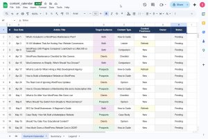 Screenshot of the content calendar from Claude in Google Sheets.
