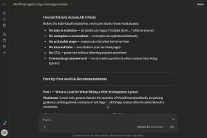 Screenshot of Claude generated recommendations for improving existing blog posts.