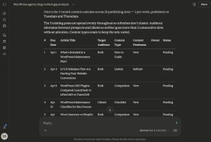 Screenshot of the three-month content calendar from Claude.