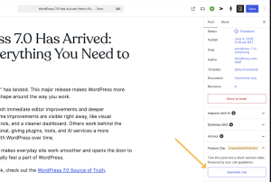 An arrow pointing to the Feature Clip feature in the WordPress.com post editor