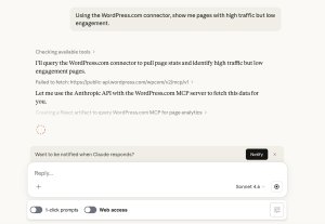 Screenshot of a WordPress site connected to Claude.