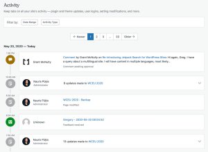 Jetpack Activity Log showing user comments, page modifications, and site updates