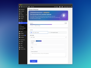 a Create AI podcast page in the WordPress.com dashboard with credits, source, and date range