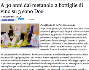 Vino. A 30 anni dallo scandalo metanolo 2 bottiglie su 3 sono doc