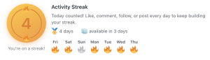 An activity streak showing a badge with the number 4 in it and fire emojis for each day of the week except for Sunday