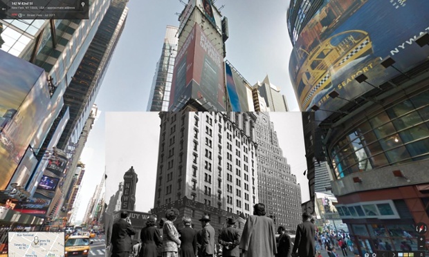 WWII in Street View: Crowd watching the D-Day news line zipper at Times Square 1944