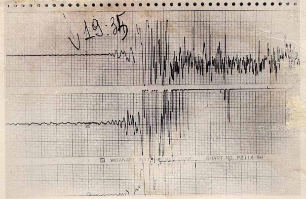 Il sensore del sismogramma esce dal tracciato a seguito della scossa delle 19:34 Il sensore del sismogramma esce dal tracciato a seguito della scossa delle 19:34