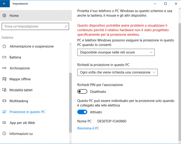 impostazioni sistema proiezione in questo pc